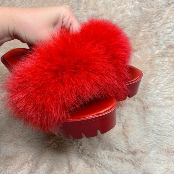 Faux Mink Red Strapless Chunky Heels - Picture 5 of 10